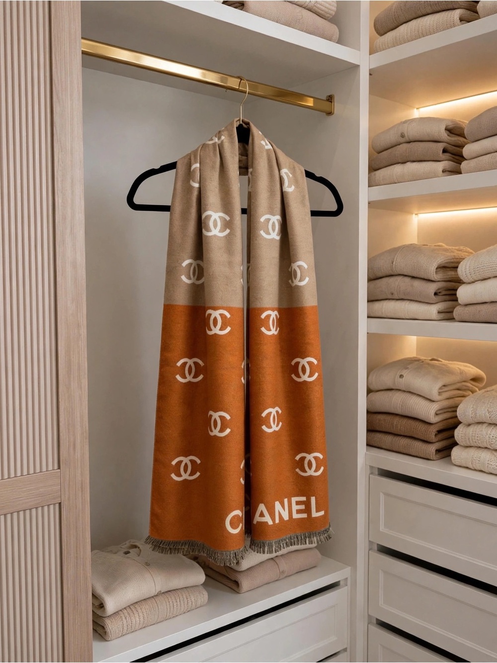 CHANEL Beige & Rust Two-Tone Logo Scarf